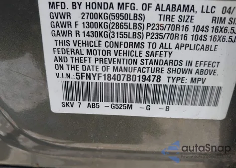 2007 Honda Pilot Ex из США, поврежденный, VIN 5FNYF18407B019478